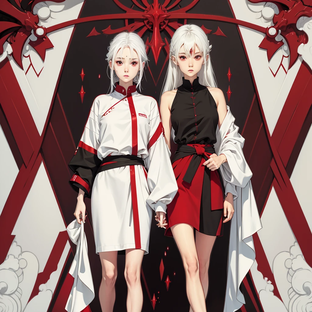 white  hair,up to the waist-red eyes-loose clothes in red and black-calm face-
