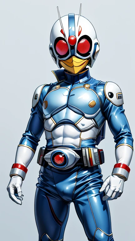 (8k),(masterpiece),(Japanese),(8--old ),((innocent look)),((Childish)),From the front,smile,cute,Innocent,Kind eyes,Flat chest,blue helmet,white domino mask, white mask, Donald.Duck, bald,no Hair,cyberpunk Tokyo City,Kamen rider,camisa, Ringo! style, superhero 