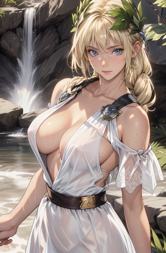 perfect eyes:1.2, detailed eyes:1.4, SoulCaliburSophitia, wet, serious, closed mouth, sweat, blue eyes, blonde hair, large breasts, hair ornament, nipples under clothes, nipples, wet clothes, transparent clothes, see through, white dress, long hair, braided ponytail, 1girl, solo, (masterpiece:1.6, best quality), 8k, insane details, intricate details, hyperdetailed, hyper quality, high detail, ultra detailed, professional, HDR, ray tracing reflection, cinematic lighting,
