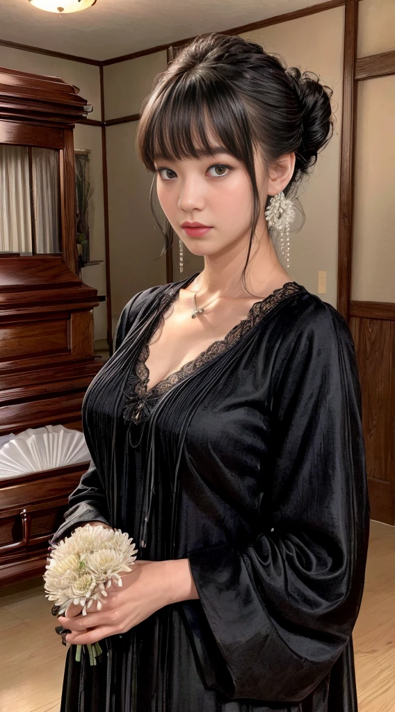 Cowboy Shot、(Updo with bangs)、straggling hair、Black Hair、(Hanging Hair)、((widow))、((mourning dress))、((((Black long sleeve mourning clothes))))、(((Japanese-style room)))、((((Funeral))))、Black formal wear、Highest quality,(RAW Photos:1.2)、(Realistic:1.4),(High resolution:1.4), 1 Girl, Written boundary depth,, Exquisitely crafted,8K, Very detailed, Perfect lighting, Spectacular Background、((Delicate painting))，(女の子の詳細なRAW Photos),(Highest quality:1.6), (超High resolution:1.5), (Realistic:1.75), 8K resolution, Canon EOS R5, 50mm,  Very detailedな,Cinema Lighting,Correct finger、sit、Pearl Necklace、Pearl Earrings、(Clothing that covers the chest)、((There is a coffin))、((Minimally revealing clothing))、(The altar is decorated with a bouquet of chrysanthemums.)、candlestick、