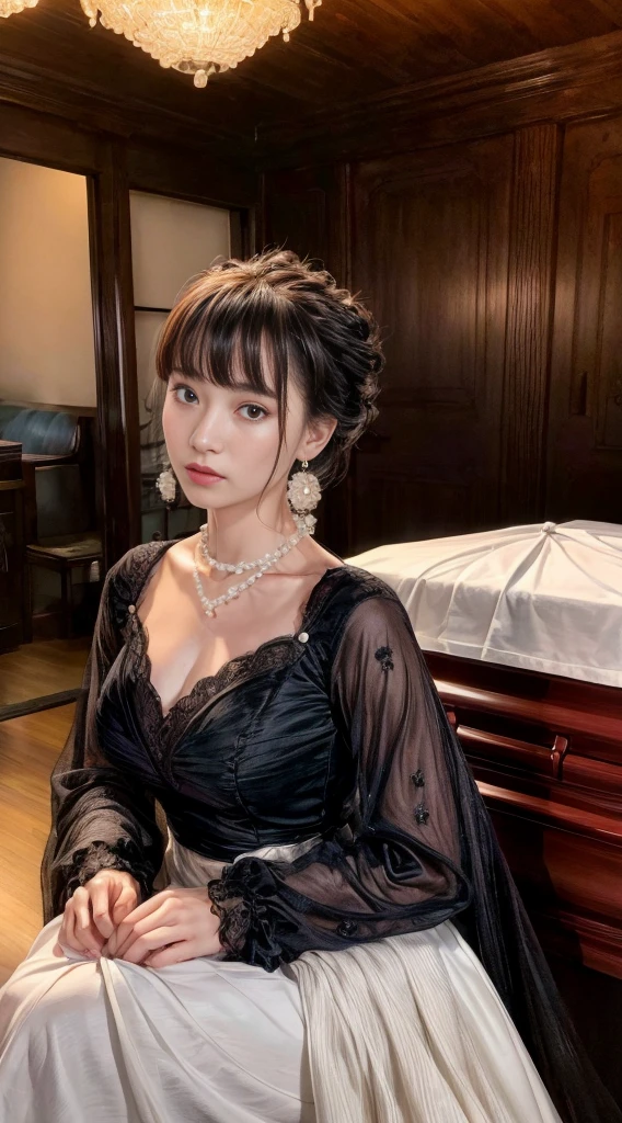 Cowboy Shot、(Updo with bangs)、straggling hair、Black Hair、(Hanging Hair)、((widow))、((mourning dress))、((((Black long sleeve mourning clothes))))、(((Japanese-style room)))、((((Funeral))))、Black formal wear、Highest quality,(RAW Photos:1.2)、(Realistic:1.4),(High resolution:1.4), 1 Girl, Written boundary depth,, Exquisitely crafted,8K, Very detailed, Perfect lighting, Spectacular Background、((Delicate painting)),(女の子の詳細なRAW Photos),(Highest quality:1.6), (超High resolution:1.5), (Realistic:1.75), 8K resolution, Canon EOS R5, 50mm, Very detailedな,Cinema Lighting,Correct finger、sit、Pearl Necklace、Pearl Earrings、(Clothing that covers the chest)、((There is a coffin))、((Minimally revealing clothing))、(The altar is decorated with a bouquet of chrysanthemums.)、candlestick、