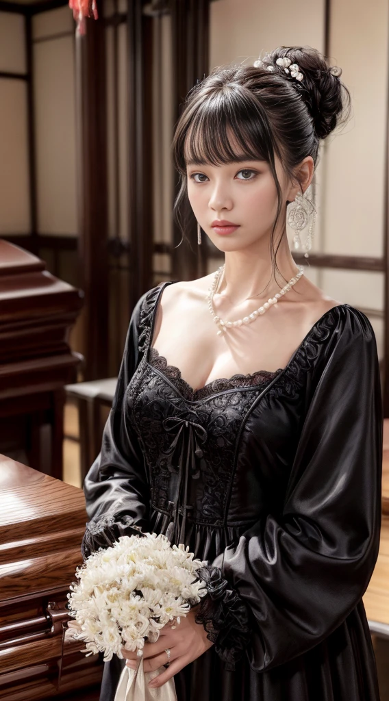 Cowboy Shot、(Updo with bangs)、straggling hair、Black Hair、(Hanging Hair)、((widow))、((mourning dress))、((((Black long sleeve mourning clothes))))、(((Japanese-style room)))、((((Funeral))))、Black formal wear、Highest quality,(RAW Photos:1.2)、(Realistic:1.4),(High resolution:1.4), 1 Girl, Written boundary depth,, Exquisitely crafted,8K, Very detailed, Perfect lighting, Spectacular Background、((Delicate painting)),(の詳細なRAW Photos),(Highest quality:1.6), (超High resolution:1.5), (Realistic:1.75), 8K resolution, Canon EOS R5, 50mm, Very detailedな,Cinema Lighting,Correct finger、sit、Pearl Necklace、Pearl Earrings、(Clothing that covers the chest)、((There is a coffin))、((Minimally revealing clothing))、(The altar is decorated with a bouquet of chrysanthemums.)、candlestick、
