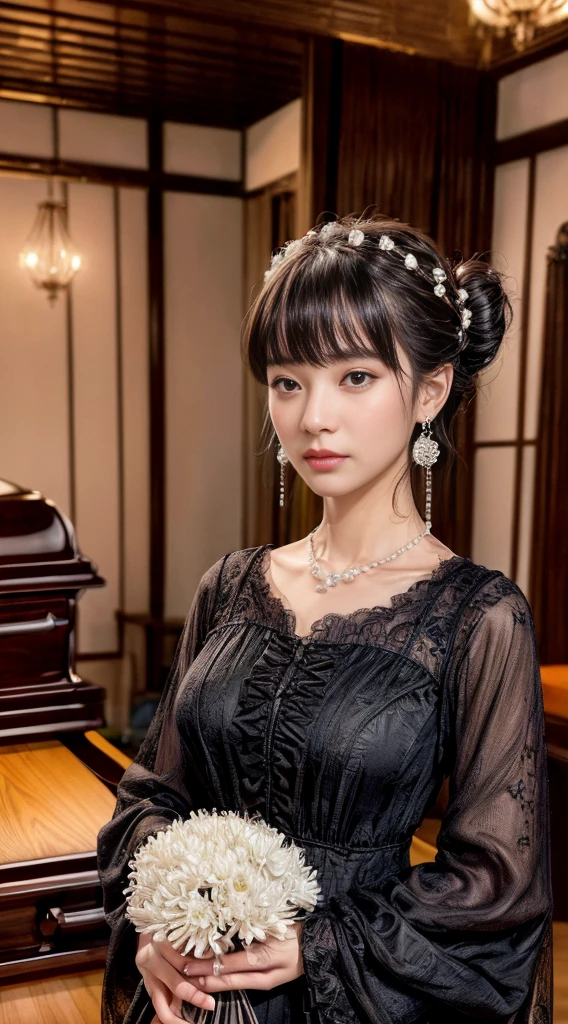 Cowboy Shot、(Updo with bangs)、straggling hair、Black Hair、(Hanging Hair)、((widow))、((mourning dress))、((((Black long sleeve mourning clothes))))、(((Japanese-style room)))、((((Funeral))))、Black formal wear、Highest quality,(RAW Photos:1.2)、(Realistic:1.4),(High resolution:1.4), 1 Girl, Written boundary depth,, Exquisitely crafted,8K, Very detailed, Perfect lighting, Spectacular Background、((Delicate painting))，(の詳細なRAW Photos),(Highest quality:1.6), (超High resolution:1.5), (Realistic:1.75), 8K resolution, Canon EOS R5, 50mm,  Very detailedな,Cinema Lighting,Correct finger、sit、Pearl Necklace、Pearl Earrings、(Clothing that covers the chest)、((There is a coffin))、((Minimally revealing clothing))、(The altar is decorated with a bouquet of chrysanthemums.)、candlestick、