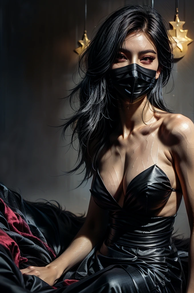 ((Best quality)), ((masterpiece)), (detailed: 1.4), (Absurd), angry princess, ((action pose)), (((woman with all-black graphite-colored skin)))), ((black mask with red eyes)), ready for war, black kinetic skin with exposed black muscles, hot woman, sculptural nude body with defined muscles, mouth closed, muscular body covered by a micro bikini, whole body covered by golden stars,  ((medium breasts)), (eyes with heavy makeup and very black without pupils), (((short black hair Colonel Motoko style)), (stars covering the body), ((drawings of golden stars on the arms)), very long eyelashes, heavy eye makeup, lots of jewelry, by mucha, niji --V5, close to the real, psychopath, crazy face, sexy pose, background with a giant Gundam-style robot head,  2 piece clothing, pastel, centered, scale to fit dimensions, HDR (High Dynamic Range),Ray Tracing,NVIDIA RTX,Super-Resolution,Unreal 5,Subsurface dispersion, PBR texture, Post-processing, Anisotropic filtering, Depth of field, Maximum clarity and sharpness, Multilayer textures, Albedo and specular maps, Surface shading, Accurate simulation of light-material interaction, Perfect proportions, Octane Render, Two-tone lighting,  Wide aperture, Low ISO, White balance, Rule of thirds, 8K RAW, crysisnanosuit