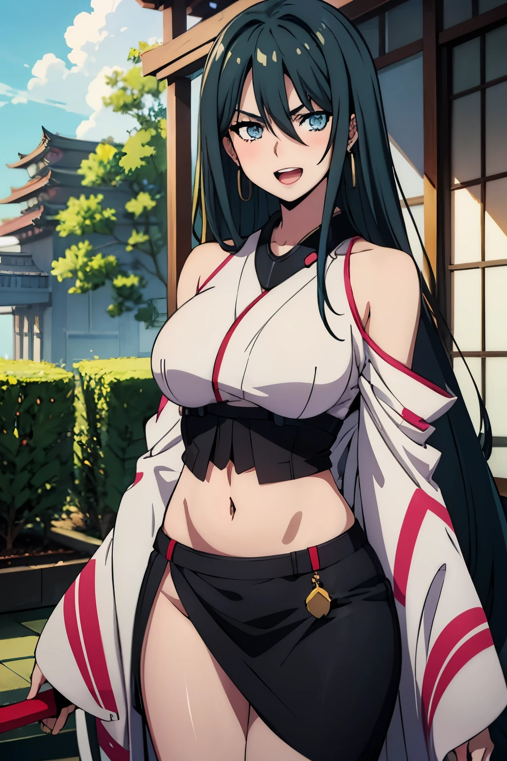 1girl, solo, schnee_synduality_noir, black hair, blue eyes, long hair, ear piercing, long hair, blush, lipstick,Hot girl, baddie, staring, glaring, bad attitude, mean girl, dare, angry, hate, crazy, smoking, sensual, attractive ,masterpiece, best quality, highly detailed, a anime girls in kimono dress with a sword posing for a
picture, bare shoulder,open kimono, evil smile, open mouth, crop top , (nsfw) not safe for work, smile,
ecchi anime style, anime girls, ecchi style, ecchi, digital anime art!!, in anime style, official artwork, visual
novel cg, beautiful anime girl, anime style 4 k, kimono pencil skirt, exposed belly, exposed navel,
exposed midriff, exposed lower belly, outdoor, japanese architecture, temple