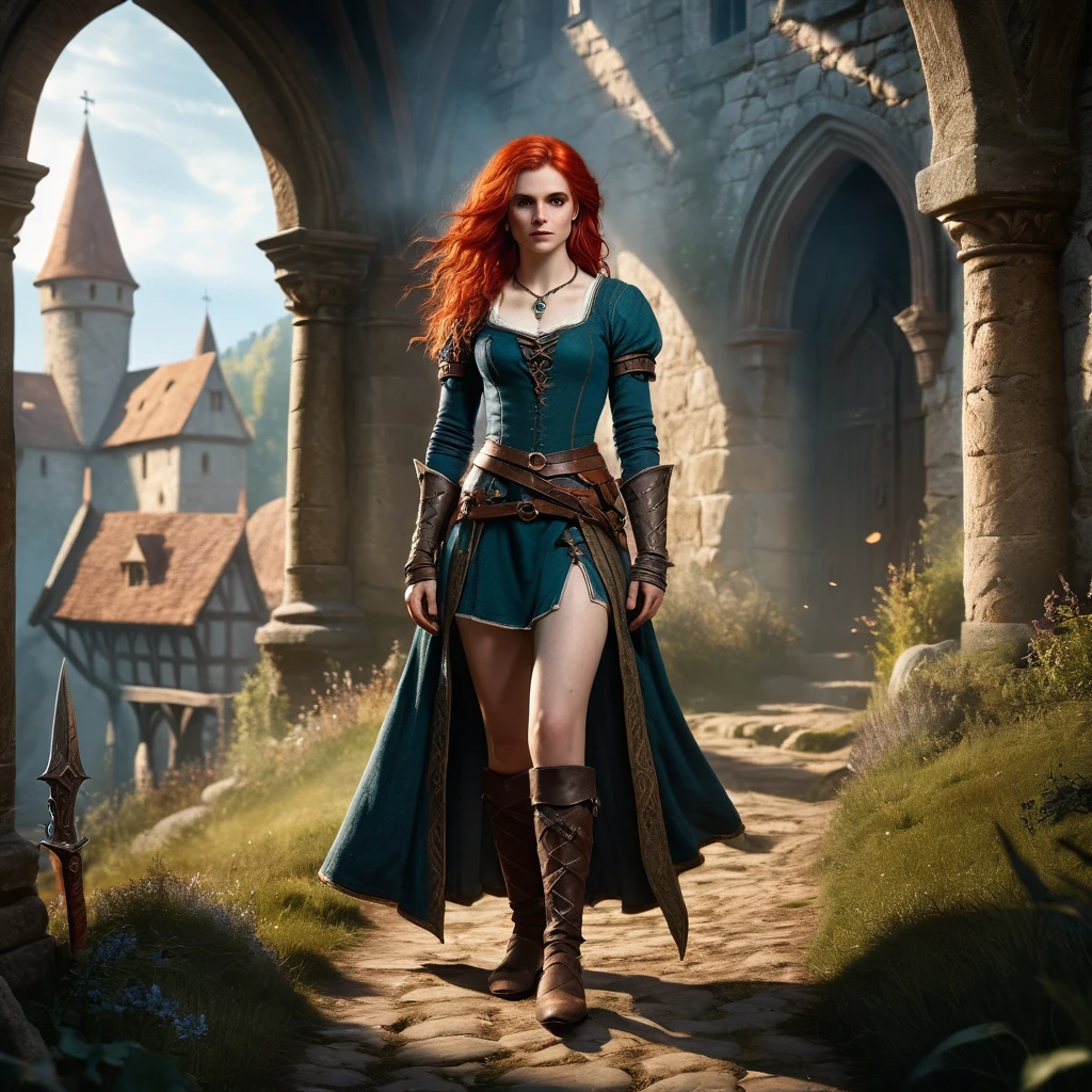 ((Full-length photo, standing, feet on the ground)) (Realistic:1.2), 3girls, analog photo, RAW, female sorceress with red hair and tiny clothes, Triss Merigold, fantastic setting in "Witcher" style, whole body, soft natural light, cute and sexy, pleasure, detailed face and eyes, best quality, masterpiece, holding a short dagger in right hand, detailed fantasy background with medieval setting, (quality: 16k), Alluring. highly stylized. depth of field, bokeh effect, backlit, stylish, elegant, breathtaking, visually rich, masterpiece, full body shot.