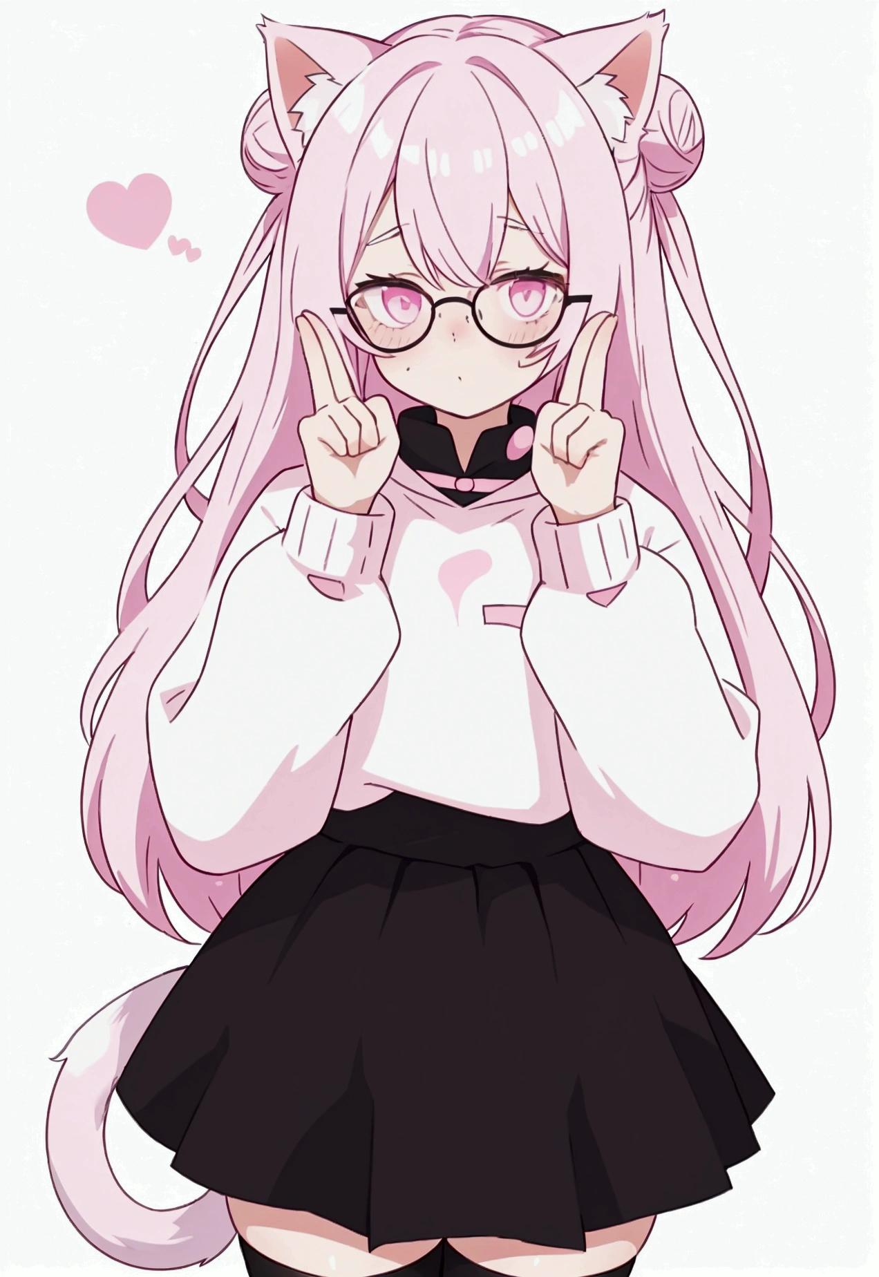 I have white pink hair, cat ears, a bun, my face is super blushing, black glasses, pink heart eyes, a big pink sweatshirt, a black skirt, black stockings, white shoes, a cat's tail, a girl. very shy that I am tied with handcuffs
