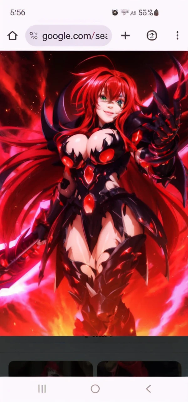 Rias gremory with witchblade armor on, bright crimson red hair, detailed anatomy, green glow eyes, beautiful smiling face, gorgeous female, huanted castle in background, bikini style armor, very revealing armor, ads showing, thigh high armor boots, gauntlet with blades coming out, athletic,
