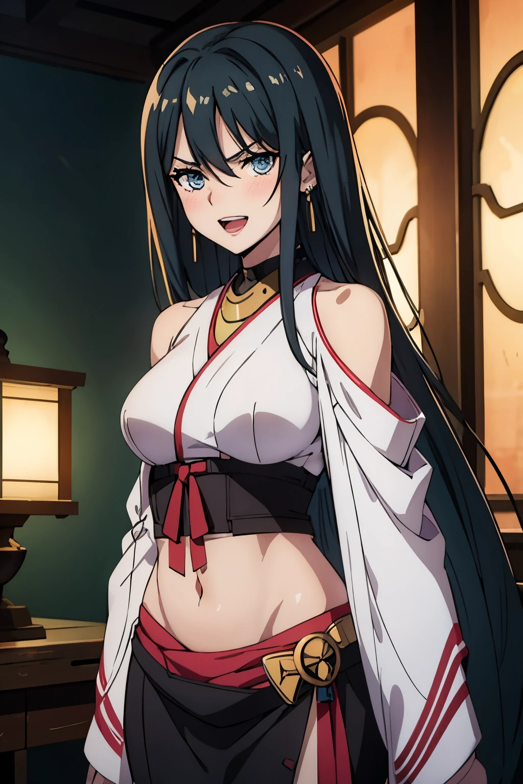 1girl, solo, schnee_synduality_noir, black hair, blue eyes, long hair, ear piercing, long hair, blush, lipstick,Hot girl, baddie, staring, glaring, bad attitude, mean girl, dare, angry, hate, crazy, smoking, sensual, attractive ,masterpiece, best quality, highly detailed, a anime girls in kimono dress with a sword posing for a
picture, bare shoulder,open kimono, evil smile, open mouth, crop top , (nsfw) not safe for work, smile,
ecchi anime style, anime girls, ecchi style, ecchi, digital anime art!!, in anime style, official artwork, visual
novel cg, beautiful anime girl, anime style 4 k, kimono pencil skirt, exposed belly, exposed navel,
exposed midriff, exposed lower belly, outdoor, japanese architecture, temple