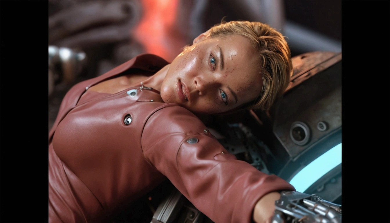 Kristanna Loken, terminator tx, detailed face, Beautiful detailed eyes, beautiful detailed lips, extremely detailed facial features, long eyelashes, leather jacket,