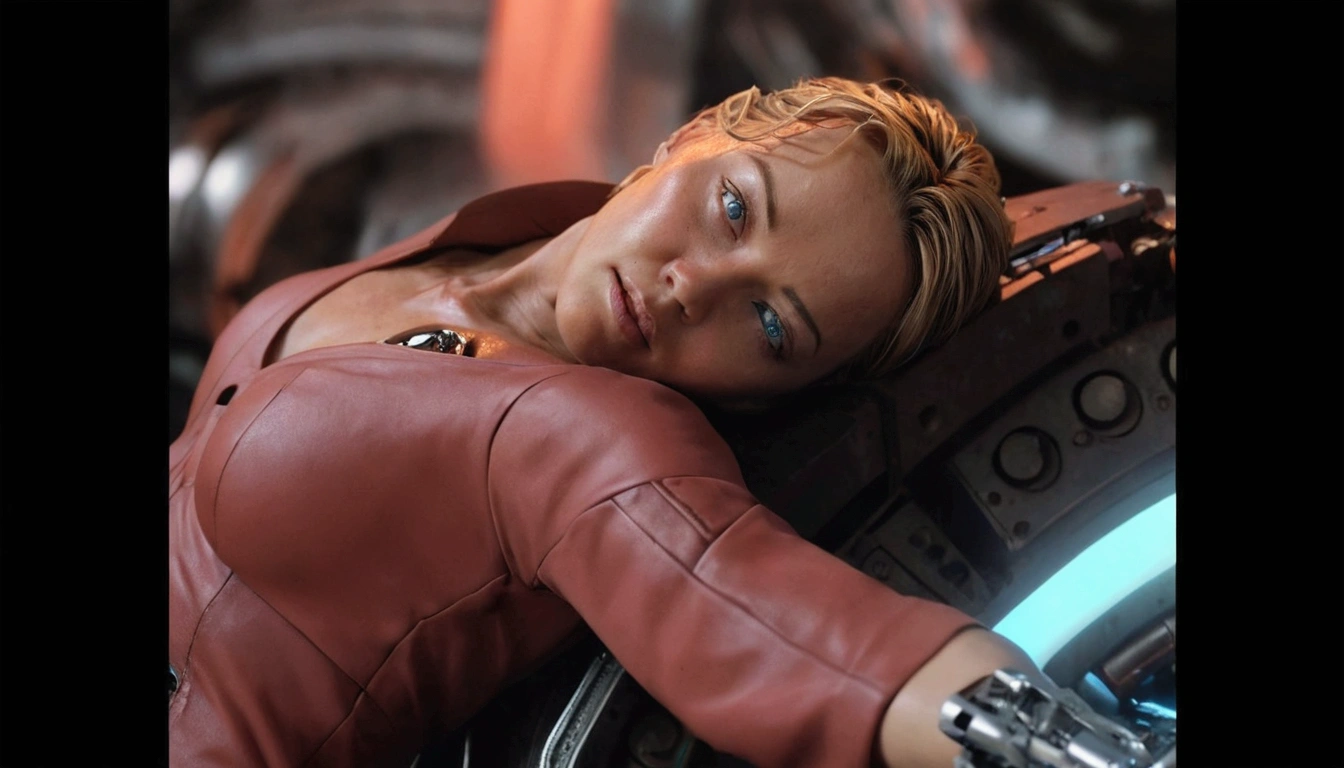 kristanna loken as terminator tx, Hyper realistic, extremely detailed, intricate details, Very detailed face, piercing eyes, perfect skin, mechanical robot body, shiny metal texture, melting, liquid metal body