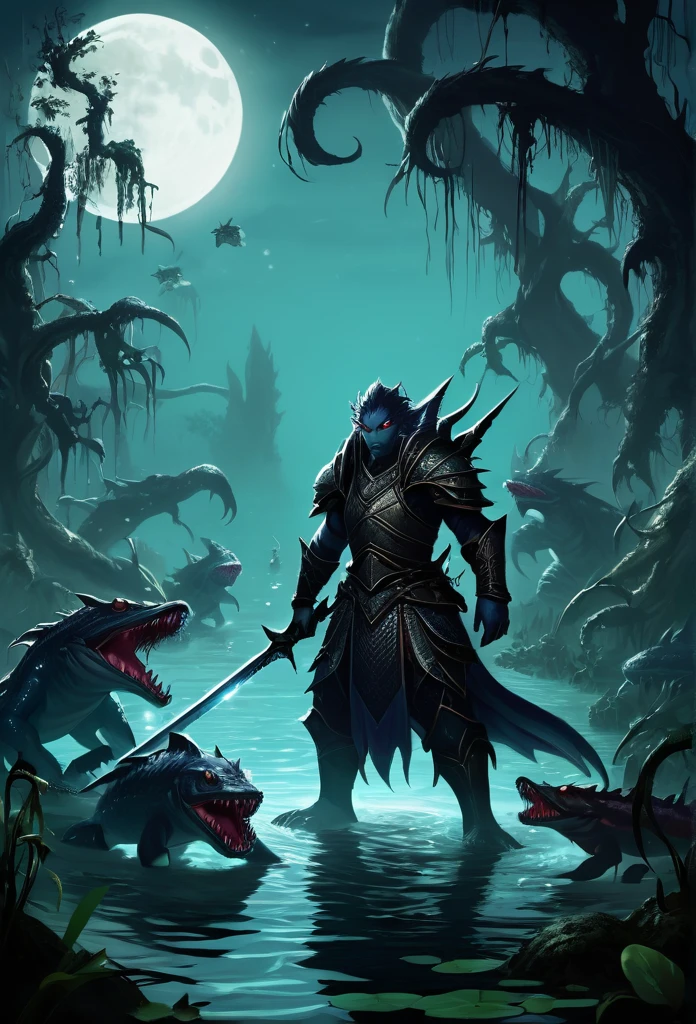 - "A Lonely Warrior, Kaelith, in a defensive position with sword in hand, confronting a group of hideous aquatic monsters that emerge from the dark waters of the swamp. The creatures have shiny scales and evil eyes, and Kaelith is surrounded by dense vegetation and muddy waters. The moonlight illuminates the scene, creating a dramatic contrast between the hero and the monsters surrounding him."