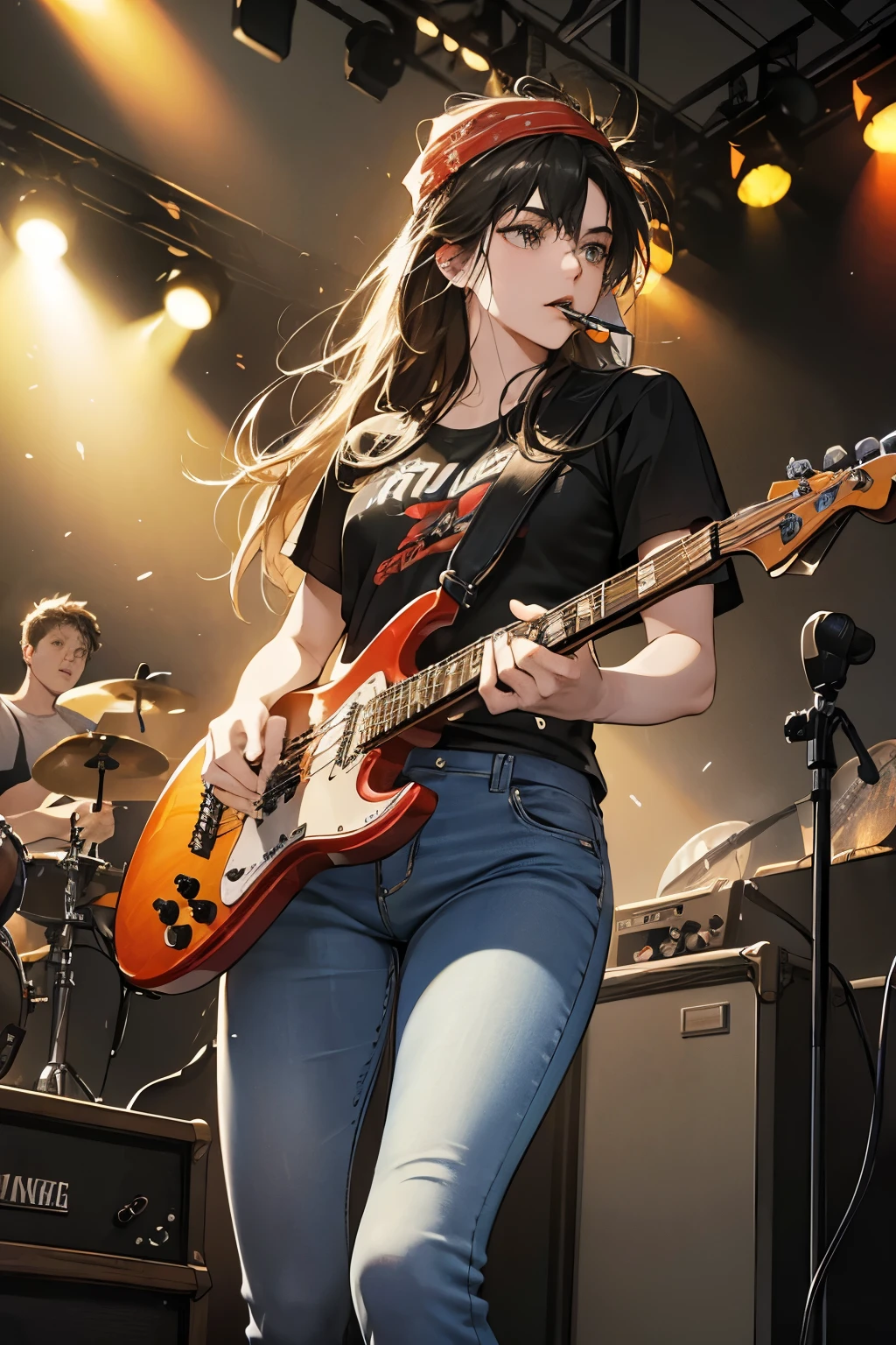 (Rock band:1.2),ultra-detailed guitar,drums,microphones,amplifiers,high energy,vibrant stage lights,smoking effects,denim jeans,band t-shirts,long hair,bandana,sweat,passionate expressions,plucking strings,beating drums,singing into the microphone,interacting with the audience,rowdy crowd,dynamic poses,detailed crowd background,rock concert atmosphere
(1 guitarist,1 drummer,1 bassist,1 singer:1.4),rock band setup,colorful instruments,high decibel level,smoke machine,spotlight on the lead singer