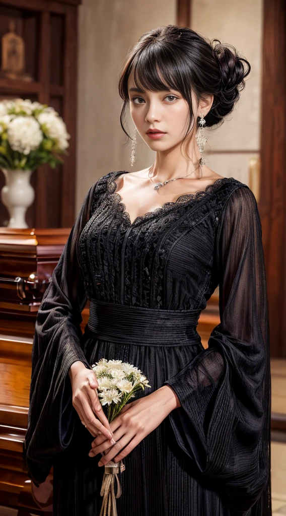 Cowboy Shot、(Updo with bangs)、straggling hair、Black Hair、(Hanging Hair)、((widow))、((mourning dress))、((((Black long sleeve mourning clothes))))、(((Japanese-style room)))、((((Funeral))))、Black formal wear、Highest quality,(RAW Photos:1.2)、(Realistic:1.4),(High resolution:1.4), 1 Girl, Written boundary depth,, Exquisitely crafted,8K, Very detailed, Perfect lighting, Spectacular Background、((Delicate painting)),(の詳細なRAW Photos),(Highest quality:1.6), (超High resolution:1.5), (Realistic:1.75), 8K resolution, Canon EOS R5, 50mm, Very detailedな,Cinema Lighting,Correct finger、sit、Pearl Necklace、Pearl Earrings、(Clothing that covers the chest)、((There is a coffin))、((Minimally revealing clothing))、(The altar is decorated with a bouquet of chrysanthemums.)、candlestick、