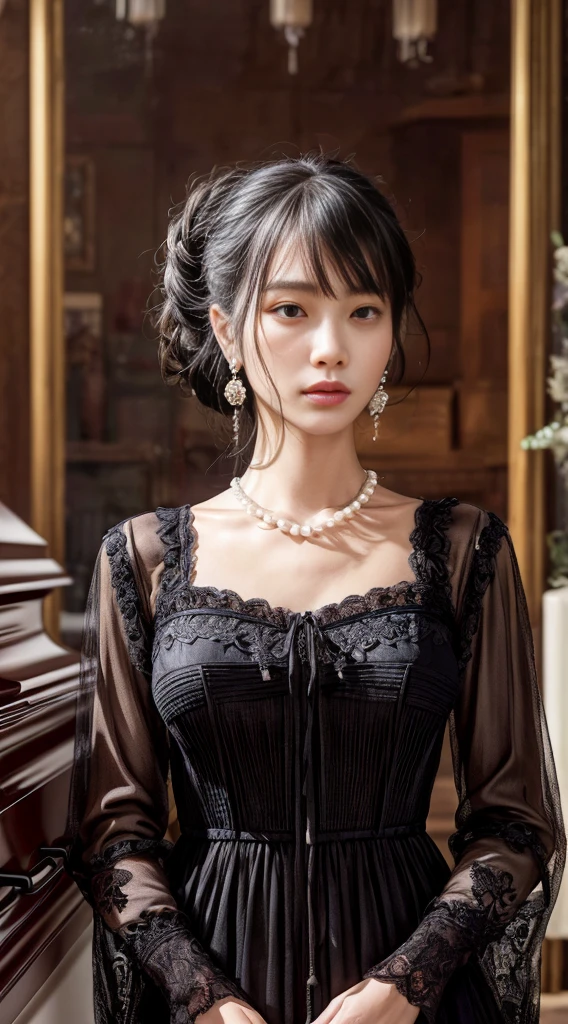 Cowboy Shot、(Updo with bangs)、straggling hair、Black Hair、(Hanging Hair)、((widow))、((mourning dress))、((((Black long sleeve mourning clothes))))、(((Japanese-style room)))、((((Funeral))))、Black formal wear、Highest quality,(RAW Photos:1.2)、(Realistic:1.4),(High resolution:1.4), 1 Girl, Written boundary depth,, Exquisitely crafted,8K, Very detailed, Perfect lighting, Spectacular Background、((Delicate painting))，(女の子の詳細なRAW Photos),(Highest quality:1.6), (超High resolution:1.5), (Realistic:1.75), 8K resolution, Canon EOS R5, 50mm,  Very detailedな,Cinema Lighting,Correct finger、sit、Pearl Necklace、Pearl Earrings、(Clothing that covers the chest)、((There is a coffin))、((Minimally revealing clothing))、(The altar is decorated with a bouquet of chrysanthemums.)、candlestick、