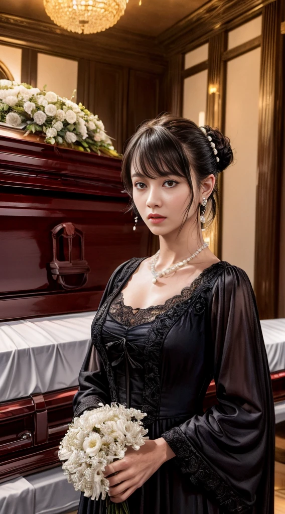 Cowboy Shot、(Updo with bangs)、straggling hair、Black Hair、(Hanging Hair)、((widow))、((mourning dress))、((((Black long sleeve mourning clothes))))、(((Japanese-style room)))、((((Funeral))))、Black formal wear、Highest quality,(RAW Photos:1.2)、(Realistic:1.4),(High resolution:1.4), 1 Girl, Written boundary depth,, Exquisitely crafted,8K, Very detailed, Perfect lighting, Spectacular Background、((Delicate painting)),(女の子の詳細なRAW Photos),(Highest quality:1.6), (超High resolution:1.5), (Realistic:1.75), 8K resolution, Canon EOS R5, 50mm, Very detailedな,Cinema Lighting,Correct finger、sit、Pearl Necklace、Pearl Earrings、(Clothing that covers the chest)、((There is a coffin))、((Minimally revealing clothing))、(The altar is decorated with a bouquet of chrysanthemums.)、candlestick、
