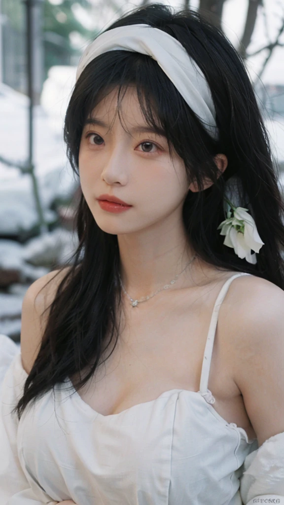 Portrait photography,1 girl,Snow Scene,Snowing background,Flowers,White JK,Bare shoulders,Lipstick,(Big Breasts:1.6),Shoulder-Length Wavy Hair,Wear a necklace,Headband,serene,calm,(Realistic and detailed eyes,Natural skin texture,Realistic facial details),
