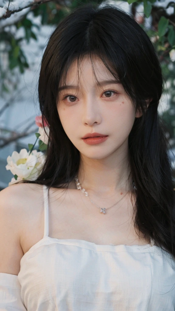 Portrait photography,1 girl,Snow Scene,Snowing background,Flowers,White JK,Bare shoulders,Lipstick,(Big Breasts:1.6),Shoulder-Length Wavy Hair,Wear a necklace,Headband,serene,calm,(Realistic and detailed eyes,Natural skin texture,Realistic facial details),