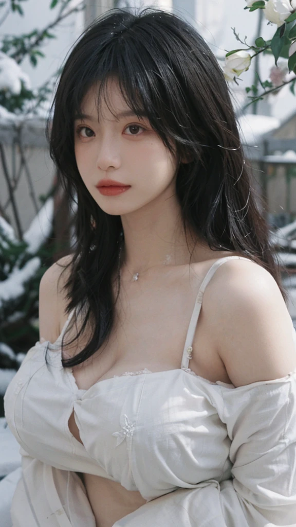 Portrait photography,1 girl,Snow Scene,Snowing background,Flowers,White JK,Bare shoulders,Lipstick,(Big Breasts:1.6),Shoulder-Length Wavy Hair,Wear a necklace,Headband,serene,calm,(Realistic and detailed eyes,Natural skin texture,Realistic facial details),