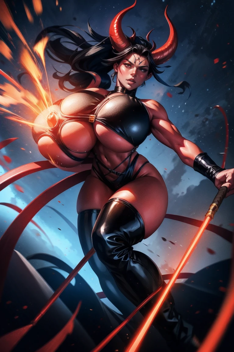Red skin succubus tiefling, full breasts, gigantic breasts, black horns, wings, huge tail, black leather, crop top, long flowing pelvic curtain, tall, athletic, graceful, thin, long black ponytail. Action scene, whip. Dark scene, explosions, night sky.