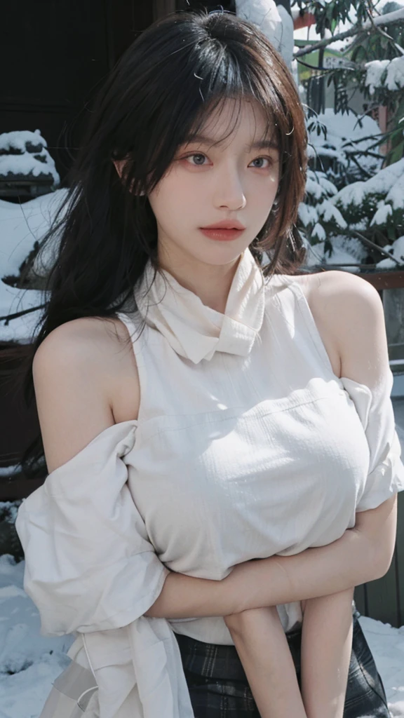 Portrait photography,1 girl,snow,Snow Scene,Heavy makeup,Bare shoulders,Lipstick,(Big breasts:1.4),Shoulder-Length Wavy Hair,Wear a necklace,scarf,Earring short sleeves,serene,calm,(Realistic and detailed eyes,Natural skin texture,Realistic facial details),