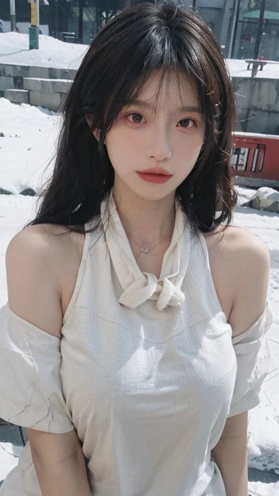 Portrait photography,1 girl,snow,Snow Scene,Heavy makeup,Bare shoulders,Lipstick,(Big breasts:1.4),Shoulder-Length Wavy Hair,Wear a necklace,scarf,Earring short sleeves,serene,calm,(Realistic and detailed eyes,Natural skin texture,Realistic facial details),