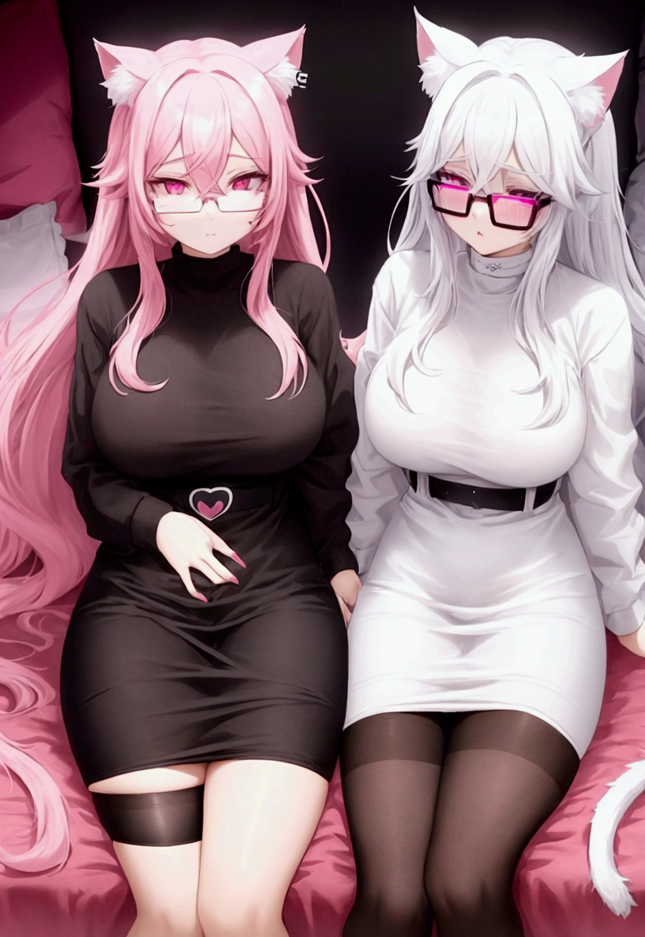 I have white pink hair, cat ears, A good, my face is super red, black glasses, pink heart eyes, a big pink sweatshirt, a black skirt, black stockings, White shoes, A cat's cola, a woman. Very shy in his bed having a relationship