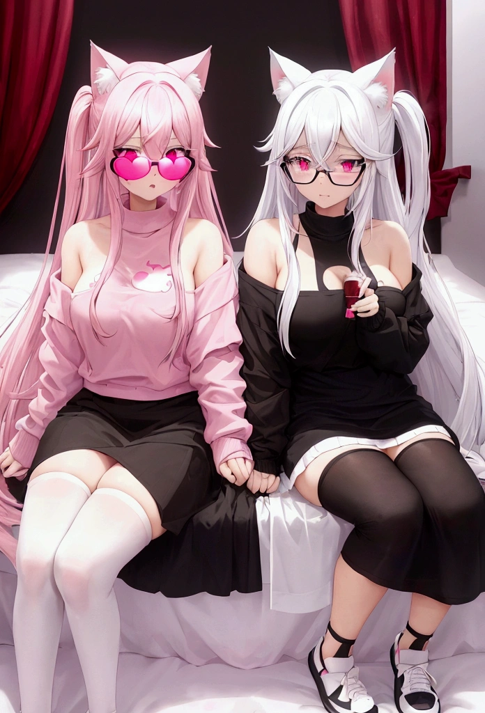 I have white pink hair, cat ears, A good, my face is super red, black glasses, pink heart eyes, a big pink sweatshirt, a black skirt, black stockings, White shoes, A cat's cola, a woman. Very shy in his bed having a relationship