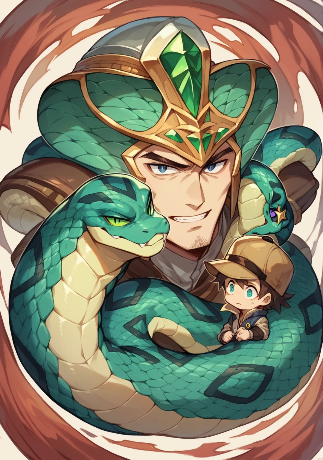 Half-snake indigenous man, Snake helmet with scales texture, dark green color like emerald. Bright shining eyes on the snake, shining eye on man