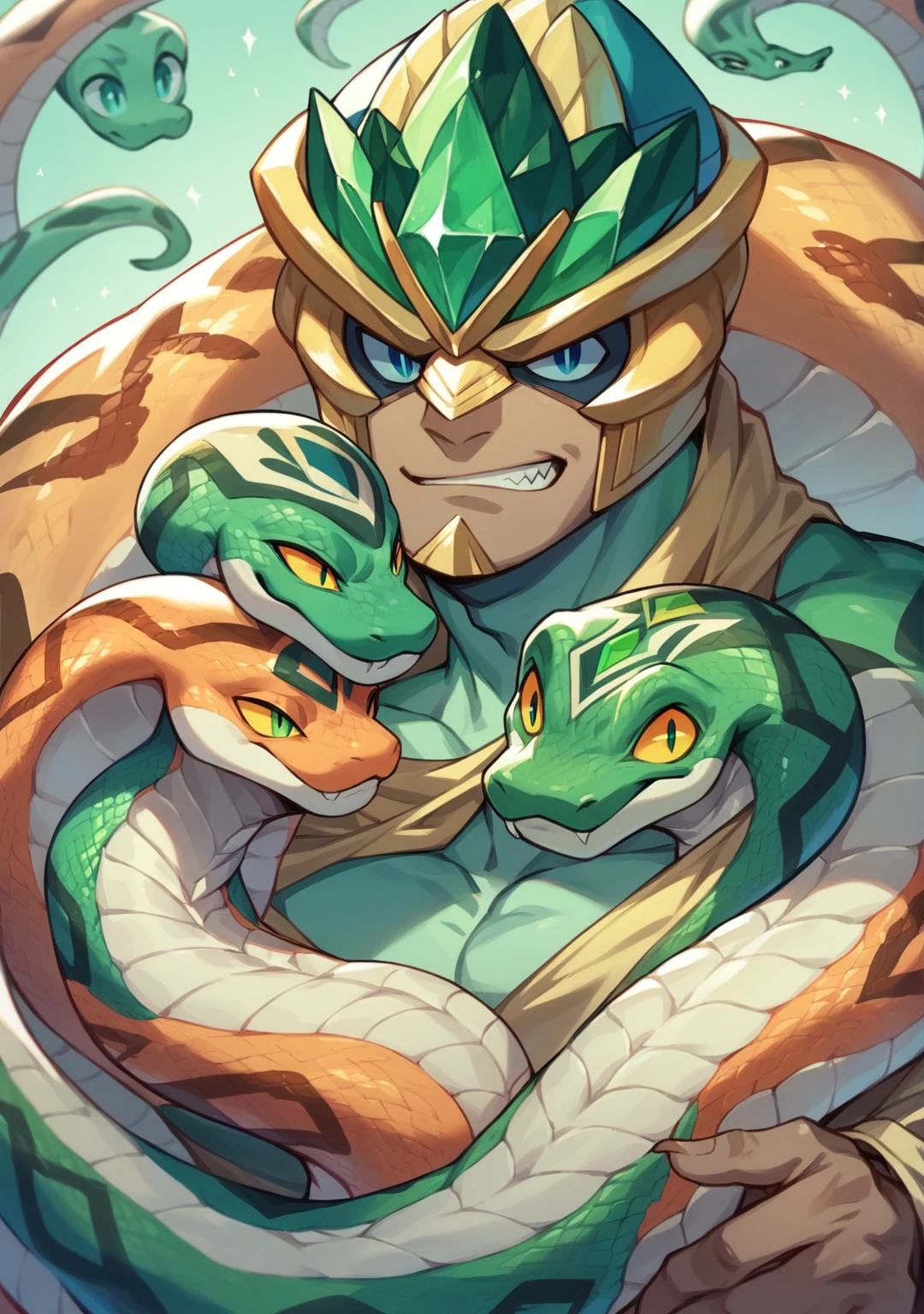 Half-snake indigenous man, Snake helmet with scales texture, dark green color like emerald. Bright shining eyes on the snake, shining eye on man