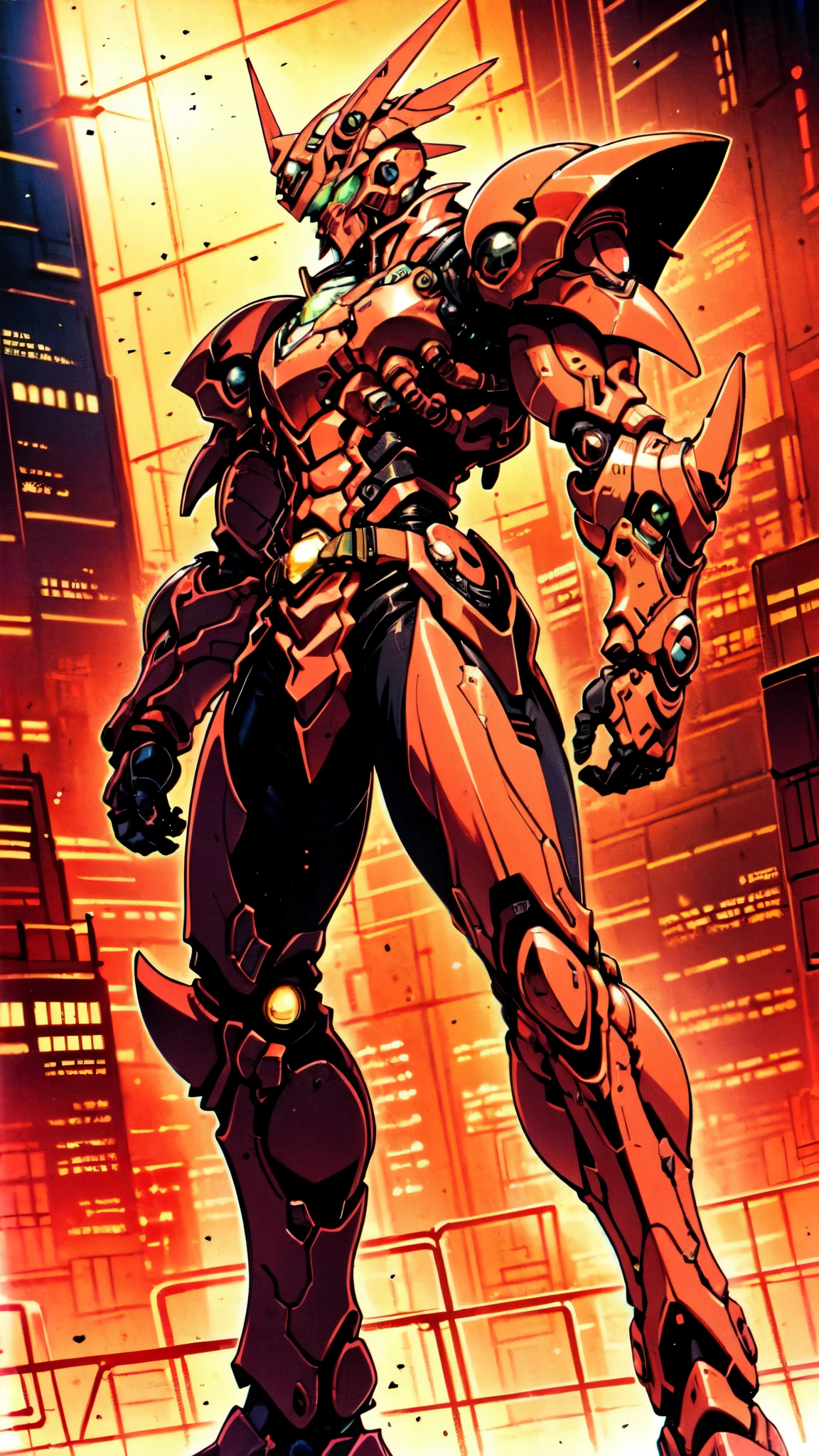 (masterpiece:1.5, best quality:1.5, extremely delicate:1.5, foreshortening:1.5, dynamic angle:1.5), a man wearing a full-face helmet, a fantasy-style biotech armored combat suit, green eyes, (a composite layered chest armor), fully enclosed shoulder guards, matching arm and leg guards, the belt is adorned with neon circuitry, (the color scheme is primarily red with black green accents), the design balances heavy with agility, a high-tech bio-mecha armor, (Armor Concept Inspired by neon Cyberpunk, stand on the top of a skyscraper in a futuristic sci-fi city), this character embodies a finely crafted fantasy-surreal style armored hero in anime style, exquisite and mature manga art style, (element, plasma, energy, the armor glows), ((male:1.5)), metallic, high definition, highres, ultra-detailed, ultra-fine painting, professional, perfect body proportions, golden ratio, anatomically correct, symmetrical face, extremely detailed eyes and face, high quality eyes, creativity, RAW photo, UHD, 32k, Natural light, cinematic lighting, masterpiece-anatomy-perfect