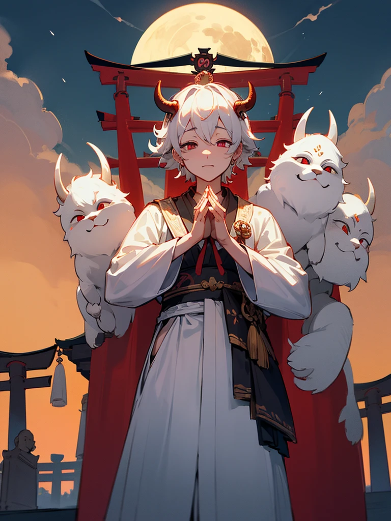 Buddha, white horns, white short curly hair, black armor, torii gate, man, full moon, hands together in prayer, evil eye