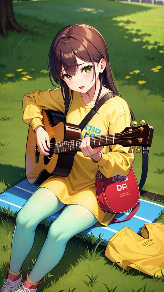((Highest quality)), ((masterpiece)), (detailed), A street musician girl sits on the grass on the river bank, looking up at the sky and singing while playing an acoustic guitar.、Cool revolution yellow baseball shirt、