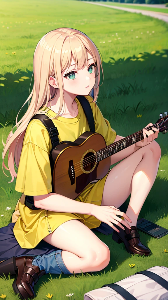 ((Highest quality)), ((masterpiece)), (detailed), A street musician girl sits on the grass on the river bank, looking up at the sky and singing while playing an acoustic guitar.、Cool revolution yellow baseball shirt、