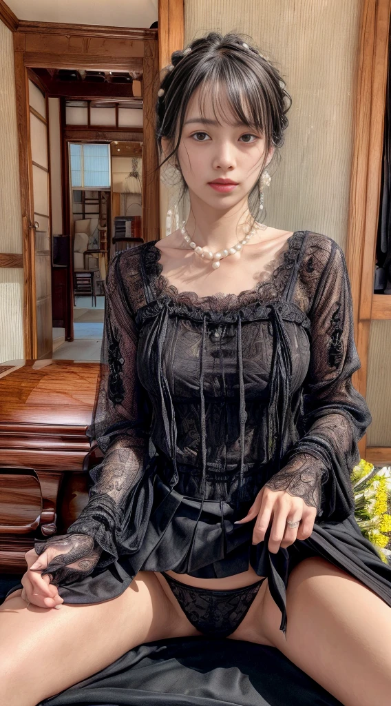 Cowboy Shot、(Updo with bangs)、straggling hair、Black Hair、(Hanging Hair)、((widow))、((mourning dress))、((((Black long sleeve mourning clothes))))、(((Japanese-style room)))、((((Funeral))))、Black formal wear、Highest quality,(RAW Photos:1.2)、(Realistic:1.4),(High resolution:1.4), 1 Girl, Written boundary depth,, Exquisitely crafted,8K, Very detailed, Perfect lighting, Spectacular Background、((Delicate painting))，(女の子の詳細なRAW Photos),(Highest quality:1.6), (超High resolution:1.5), (Realistic:1.75), 8K resolution, Canon EOS R5, 50mm,  Very detailedな,Cinema Lighting,Correct finger、sit、((Spread your legs))、((((Skirt flip))))、Bright green panties、Pearl Necklace、Pearl Earrings、(Clothing that covers the chest)、((There is a coffin))、((Minimally revealing clothing))、(The altar is decorated with a bouquet of chrysanthemums..)、candlestick、