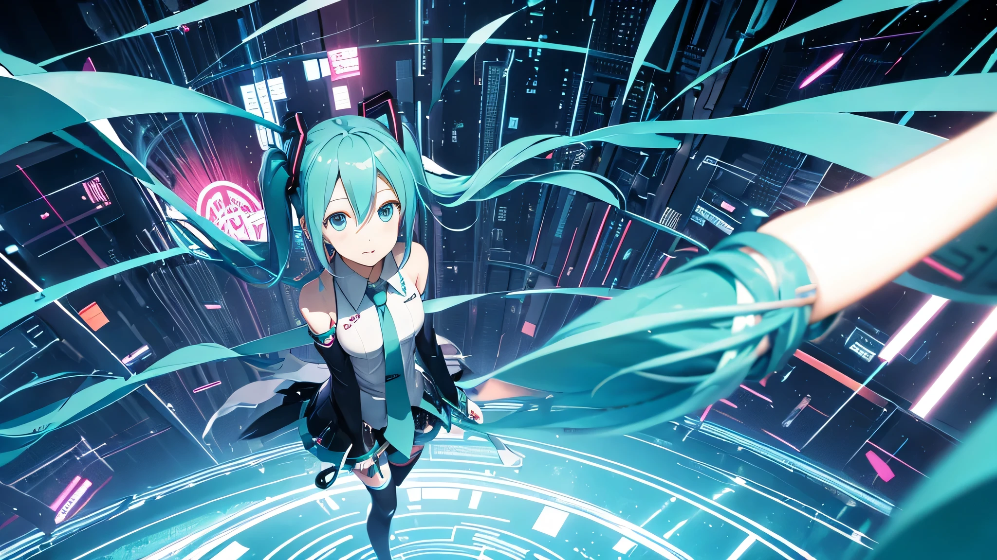 An image depicting Hatsune Miku traveling through the labyrinth of doubt。She&#39;s fighting the shadowoving towards hope for the future。With a thunderous bass line in the background、There is a bright light that represents hope.、It expresses a powerful figure that paves the way to the future.。