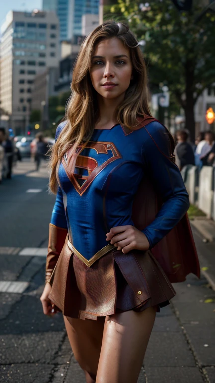 1 girl ((Dressed as Supergirl)), beautiful supermodel, (best quality, 8k, masterpiece: 1.3), perfect hands, clear focus: 1.2, perfect body beauty: 1.4, slim abdomen: 1 ,2, highly detailed face and skin texture, detailed eyes, standing, dynamic pose, she is in an urban city, attractive pose, highly detailed, 28 years old, innocent face, natural straight blonde hair, blue eyes, high resolution , Art, best quality, high and intricate details, highly detailed, sharp focus, detailed skin, realistic skin texture, texture, detailed eyes, Professional, 4K, charming smile, shot in canon, 85mm, shallow depth of field, color kodak vision, perfect body fit, extremely detailed, photography_\(ultra\), photorealistic, realistic, Post-processing, maximum detail, roughness, Real life, ultra realistic, photorealism, photography, 8k hd, photography,Supergirl