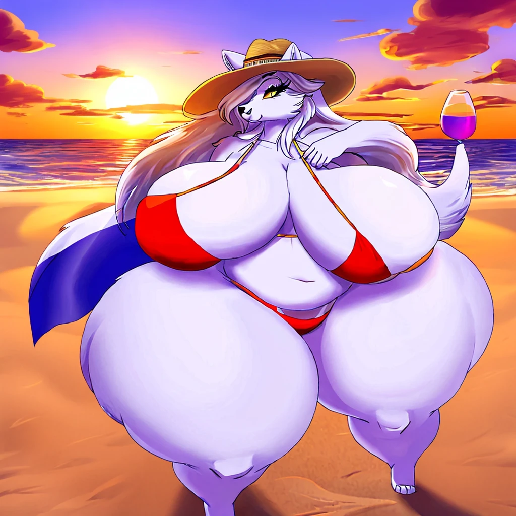 Arctic wolf, female, long messy hair, huge breasts, huge hips, huge thighs, plump, voluptuous, fat legs ,bikini, sunset,beach , gorgeous, beautiful, eyelashes, french flag bikini, huge thighs, sombrero , chubby 