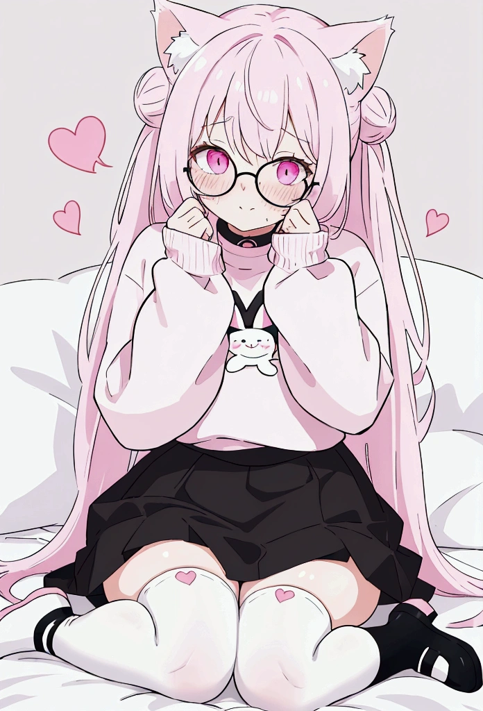 I have white pink hair, cat ears, a bun, my face is super blushing, black glasses, pink heart eyes, a big pink sweatshirt, a black skirt, black stockings, white shoes, a cat's tail, a girl. very shy that she is tied up in a bed