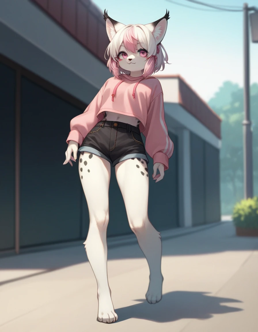 , score_9,score_8_up,score_7_up, source_cartoon, kemono style, an Anthro furry albino lynx girl, white furry body, black lynx spots, black ear tips, short white hair with pink tips on hair, pink highlights in hair, pink eyes, wearing pink and white parka, black short shorts, seductive, standing, full body shot, feet paws, 4 toes