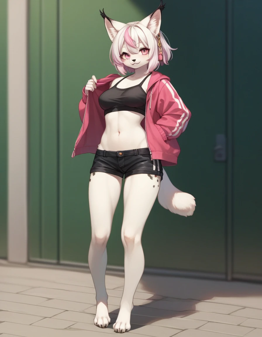 girl, wolf, anthro, slender, furry arms, (serious expression), ((Protruding hip bone)), robotic digitigrade legs and feet, furry tail, ((protruding rib bones)), locker room, lace track outfit, focus on rear,