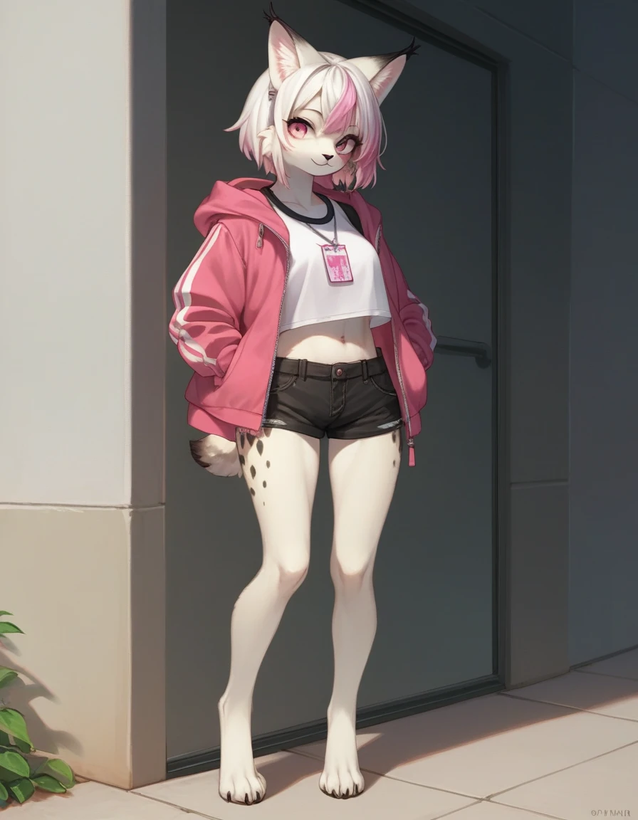 , score_9,score_8_up,score_7_up, source_cartoon, kemono style, an Anthro furry albino lynx girl, white furry body, black lynx spots, black ear tips, short white hair with pink tips on hair, pink highlights in hair, pink eyes, wearing pink and white parka, black short shorts, seductive, standing, full body shot, feet paws, 4 toes