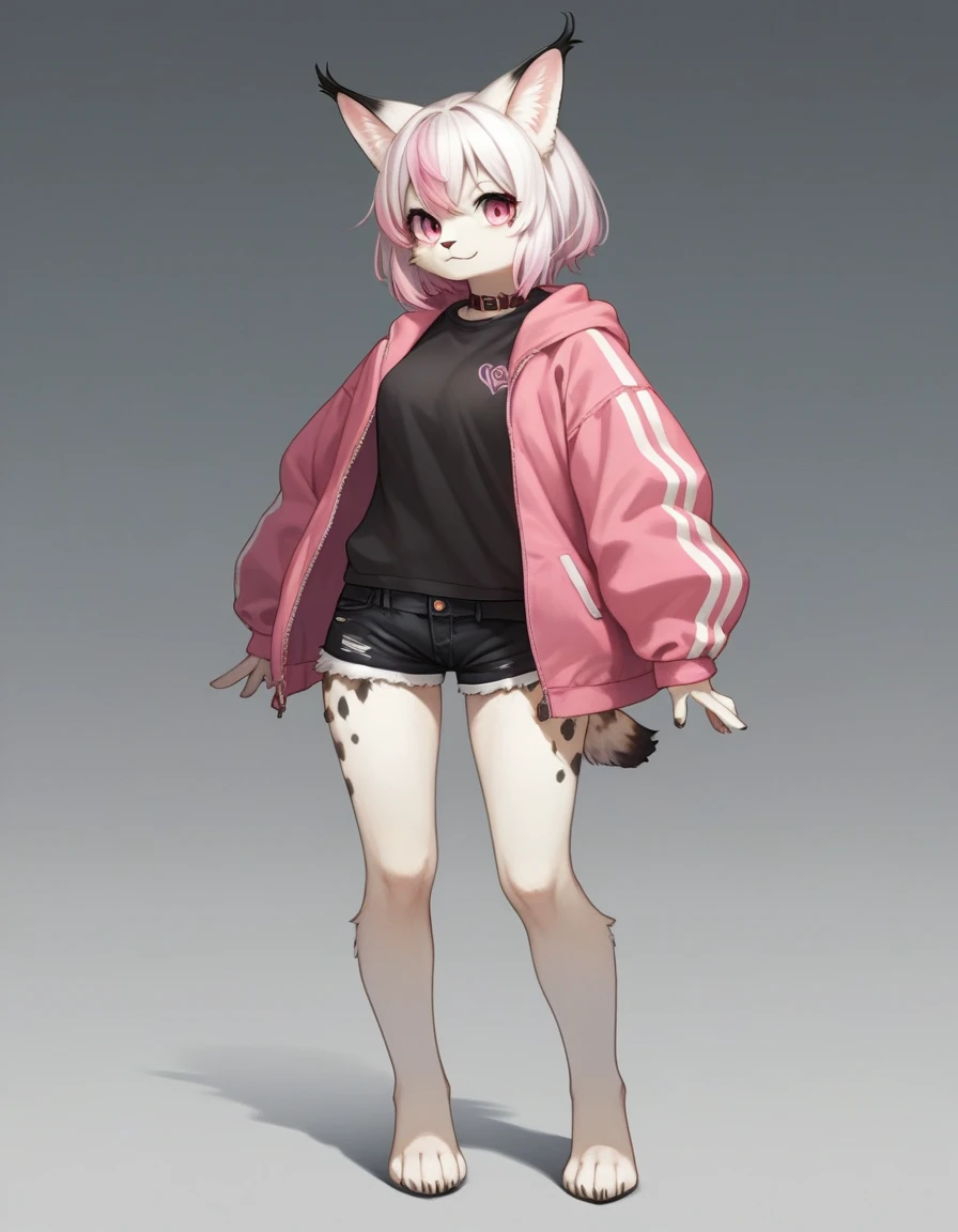 , score_9,score_8_up,score_7_up, source_cartoon, kemono style, an Anthro furry albino lynx girl, white furry body, black lynx spots, black ear tips, short white hair with pink tips on hair, pink highlights in hair, pink eyes, wearing pink and white parka, black short shorts, seductive, standing, full body shot, feet paws, 4 toes
