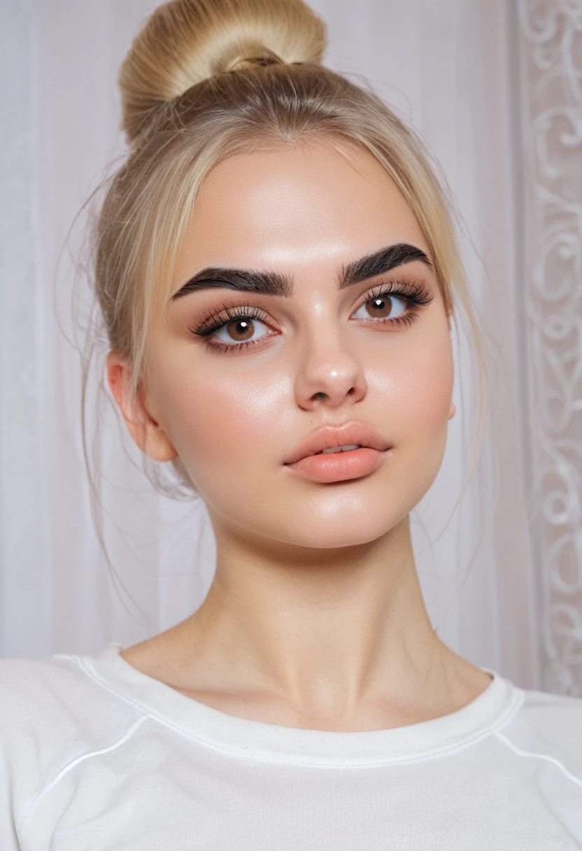 Bun hair blonde thick eyebrows Russian girl