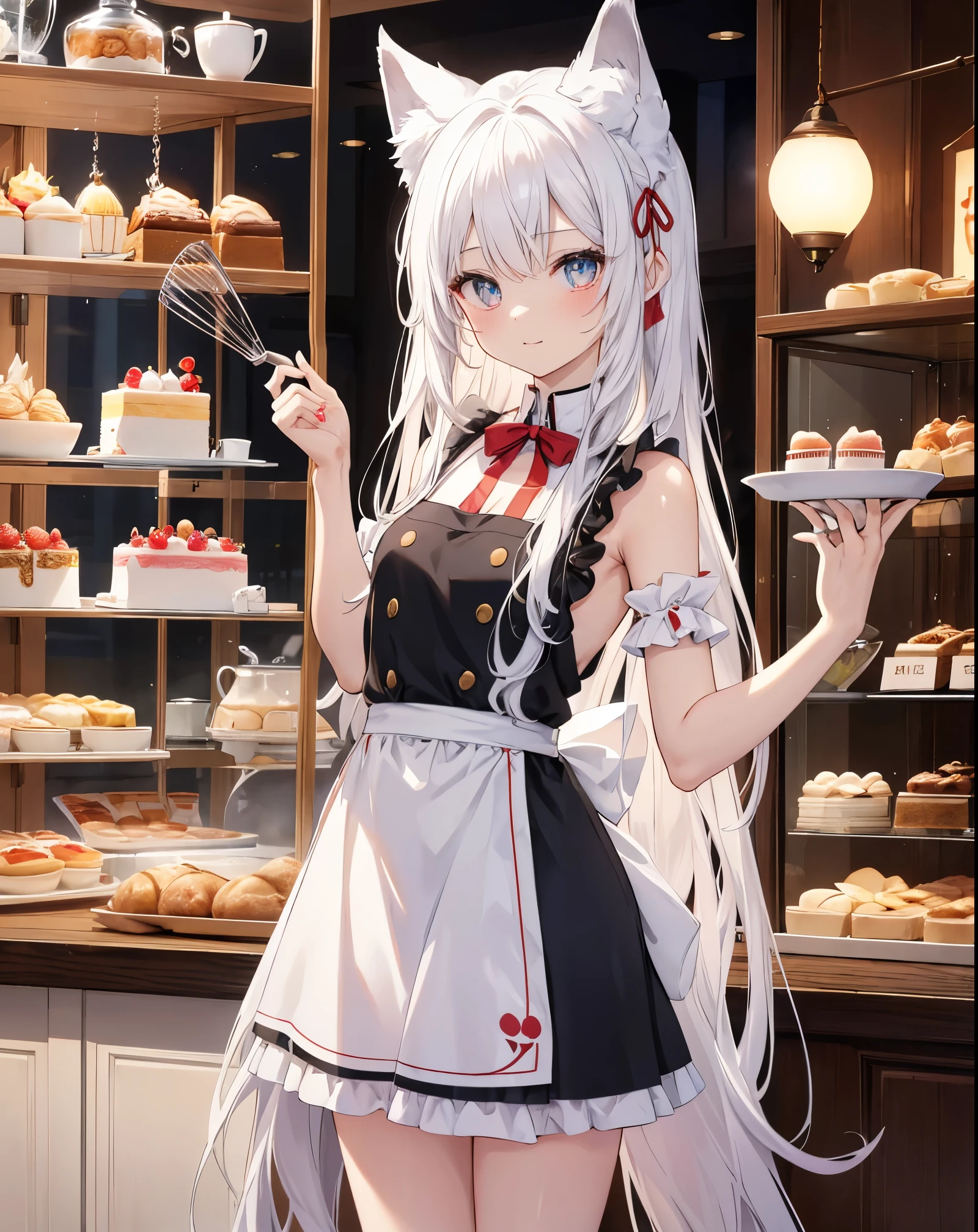 Masterpiece ultra defined, A stunning anime girl with small cat ears and white fox tail, white long hair, He wears a red apron, bare shoulders and bare legs, she is preparing a cake, she is laughing at me while she is making a Mess Mixing the dough with an electric whisk Dirtying everywhere, tipical Anime scene of funny cooking. She is gorgeous, cute face and perfect eyes with The well-defined pupil and manga reflexes in the eyes. The location is a pastry shop, There is a display case with other very colorful cakes on display. White, black and red dress 