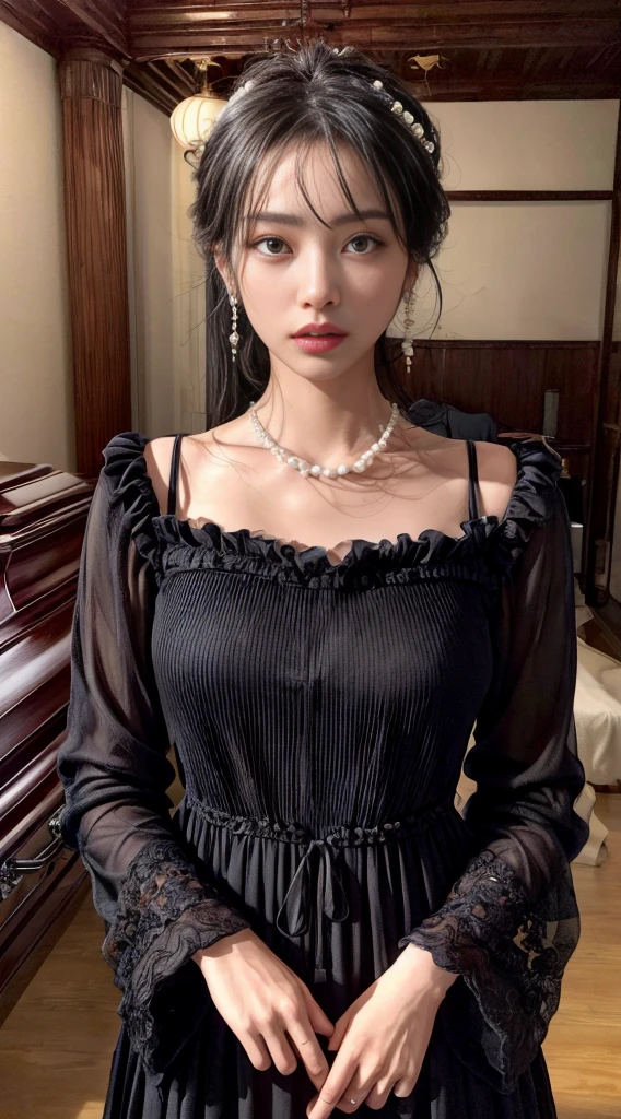 Cowboy Shot、(Updo with bangs)、straggling hair、Black Hair、(Hanging Hair)、((widow))、((mourning dress))、((((Black long sleeve mourning clothes))))、(((Japanese-style room)))、((((Funeral))))、Black formal wear、Highest quality,(RAW Photos:1.2)、(Realistic:1.4),(High resolution:1.4), 1 Girl, Written boundary depth,, Exquisitely crafted,8K, Very detailed, Perfect lighting, Spectacular Background、((Delicate painting)),(の詳細なRAW Photos),(Highest quality:1.6), (超High resolution:1.5), (Realistic:1.75), 8K resolution, Canon EOS R5, 50mm, Very detailedな,Cinema Lighting,Correct finger、sit、Pearl Necklace、Pearl Earrings、(Clothing that covers the chest)、((There is a coffin))、((Minimally revealing clothing))、(The altar is decorated with a bouquet of chrysanthemums.)、candlestick、