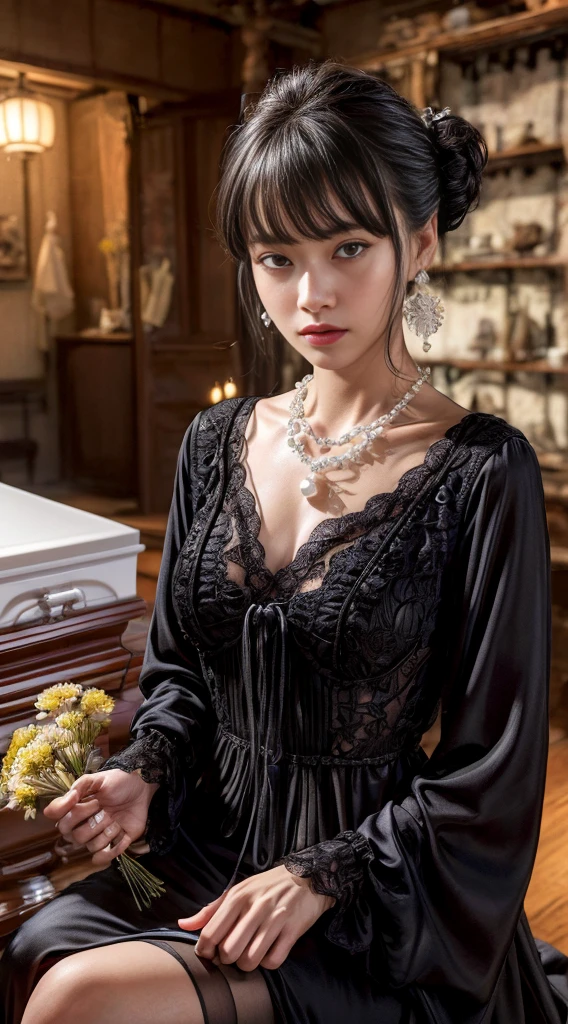 Cowboy Shot、(Updo with bangs)、straggling hair、Black Hair、(Hanging Hair)、((widow))、((mourning dress))、((((Black long sleeve mourning clothes))))、(((Japanese-style room)))、((((Funeral))))、Black formal wear、Highest quality,(RAW Photos:1.2)、(Realistic:1.4),(High resolution:1.4), 1 Girl, Written boundary depth,, Exquisitely crafted,8K, Very detailed, Perfect lighting, Spectacular Background、((Delicate painting)),(女の子の詳細なRAW Photos),(Highest quality:1.6), (超High resolution:1.5), (Realistic:1.75), 8K resolution, Canon EOS R5, 50mm, Very detailedな,Cinema Lighting,Correct finger、sit、Pearl Necklace、Pearl Earrings、(Clothing that covers the chest)、((There is a coffin))、((Minimally revealing clothing))、(The altar is decorated with a bouquet of chrysanthemums.)、candlestick、