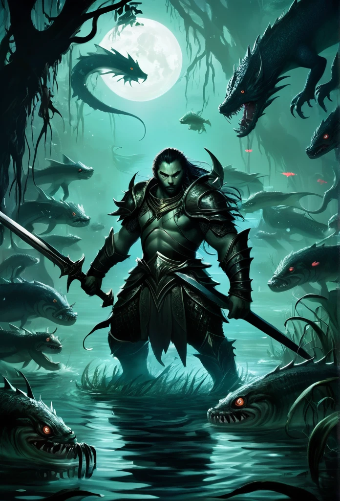 - "A Lonely Warrior, Kaelith, in a defensive position with sword in hand, confronting a group of hideous aquatic monsters that emerge from the dark waters of the swamp. The creatures have shiny scales and evil eyes, and Kaelith is surrounded by dense vegetation and muddy waters. The moonlight illuminates the scene, creating a dramatic contrast between the hero and the monsters surrounding him."