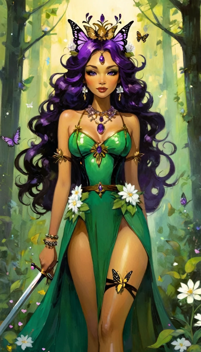 Name: Astrid Species: Unknown Hair: Perfect black, wavy, waist-length hair. Accessories in hair: White flowers and a butterfly clip Eye color: Amythest, purple Skin color: Tan with brown splotches. Height: 6'2" Occupation: Queen of the forest Crown: A golden crown with many gems and butterfly decorations on the crown. Wearing: A beautiful green, slit dress that has a flower design around the waist. Black heels. Butterfly necklace and a flower bracelet. She has a sword and bow on her back.(art inspired by Bill Sienkiewicz). oil painting)

