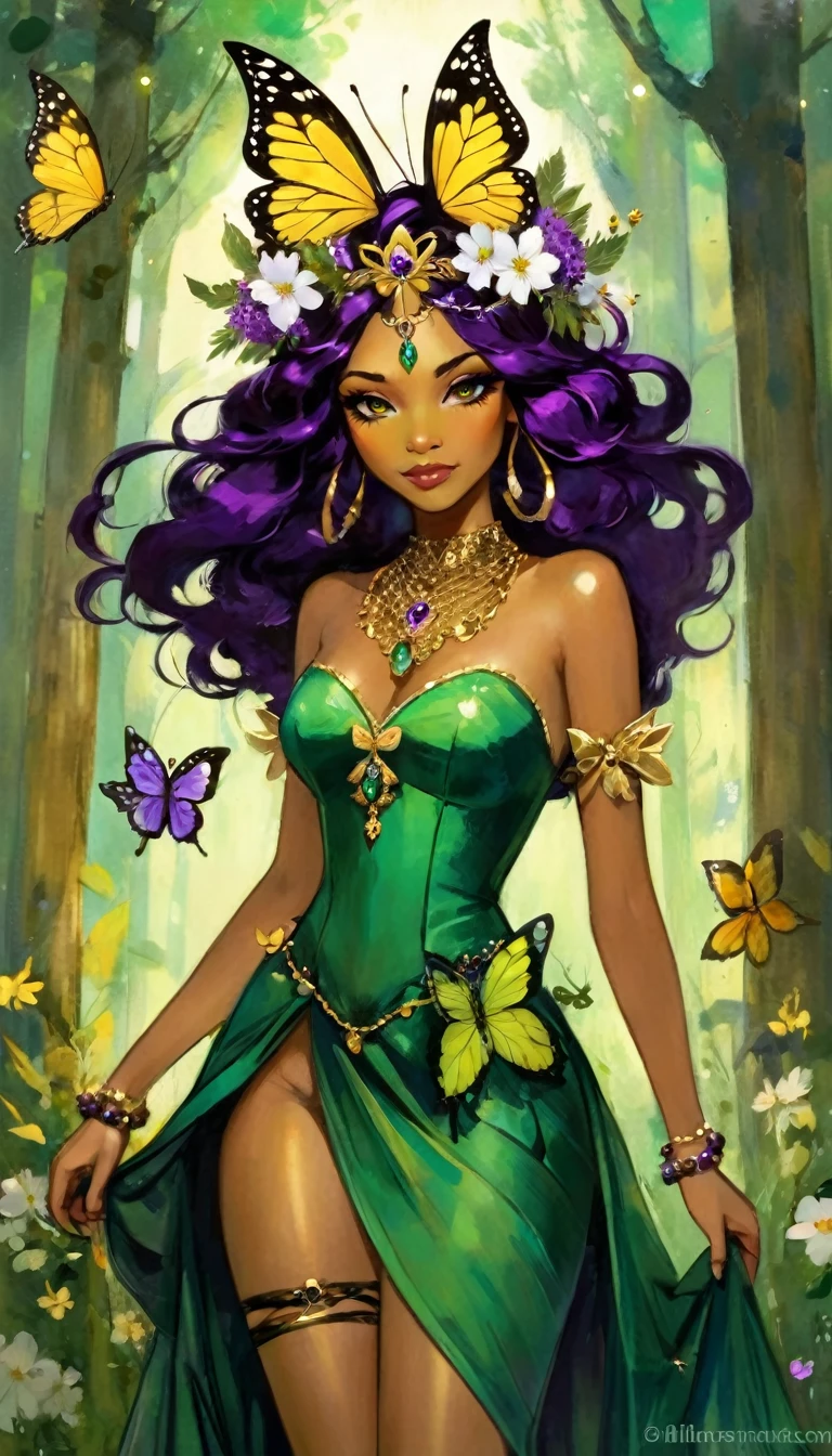 Name: Astrid Species: Unknown Hair: Perfect black, wavy, waist-length hair. Accessories in hair: White flowers and a butterfly clip Eye color: Amythest, purple Skin color: Tan with brown splotches. Height: 6'2" Occupation: Queen of the forest Crown: A golden crown with many gems and butterfly decorations on the crown. Wearing: A beautiful green, slit dress that has a flower design around the waist. Black heels. Butterfly necklace and a flower bracelet. She has a sword and bow on her back.(art inspired by Bill Sienkiewicz). oil painting)